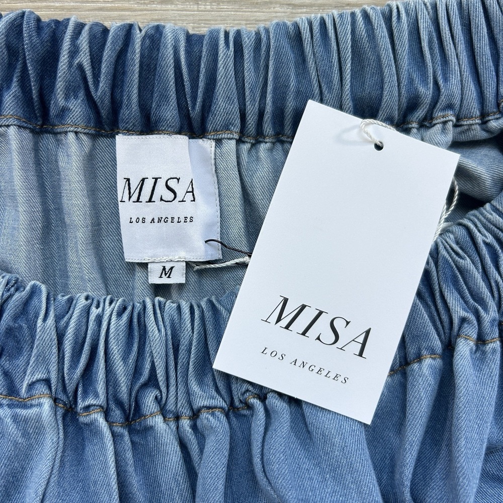 NWT Misa Los Angeles Medium Blue Denim Smocked Drop Waist Puff Sleeve Midi Dress - Picture 6 of 12